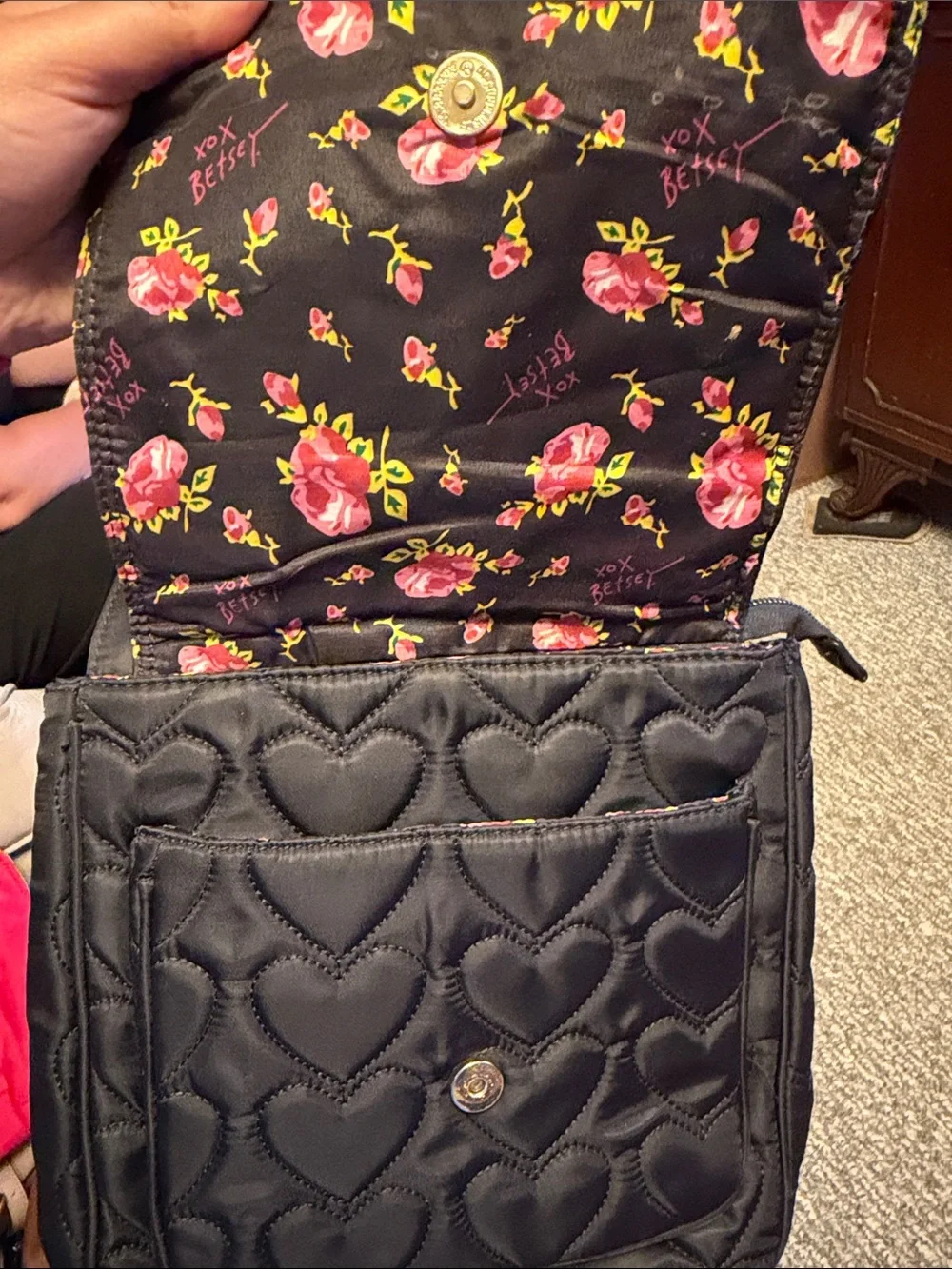 Betsey Johnson Black Quilted Heart Crossbody Bag with Adjustable Strap